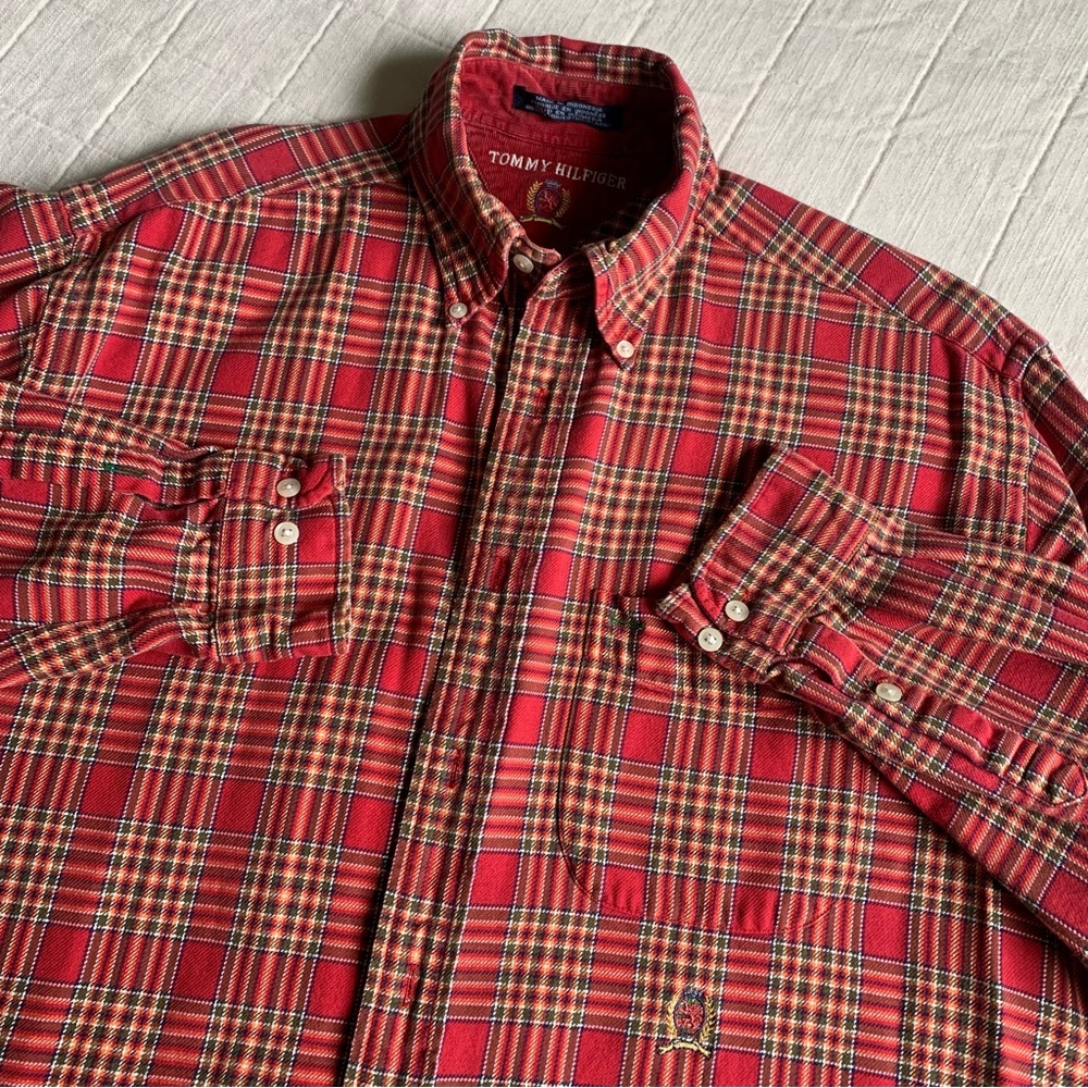 Tommy Hilfiger Men's 90s Vintage Red Plaid Button Down Shirt Size Medium
